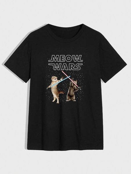 

men cat and slogan graphic tee 01t8#, White;black