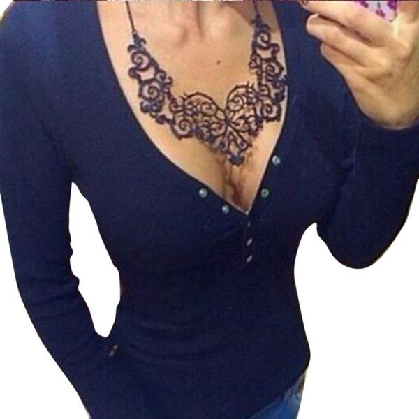 

women casual solid color deep v neck slim t shirt buttons design tees autumn long sleeved, White