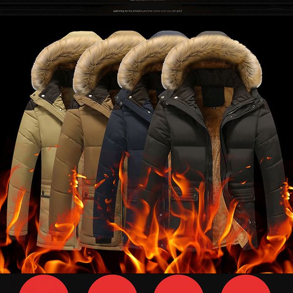 

men's fur collar windproof parkas winter militory fashion men thick casual outwear jacket plus size 5xl velvet warm coat, Black