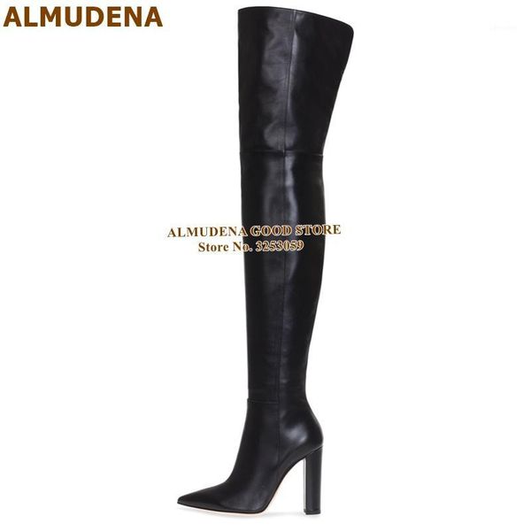 

almudena chunky heels over the knee boots black nude matte leather pointed toe thigh high boots zipper long size34-46 shoe1