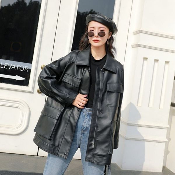 

fmfssom spring autumn four big pocket chic loose design motobike bf vintage retro women lady pu leather jacket 210201, Black