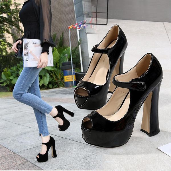 

dress shoes women pumps summer peep toe hoof heels buckle strap shallow 14cm high heel 4cm platform lady party female plus size, Black