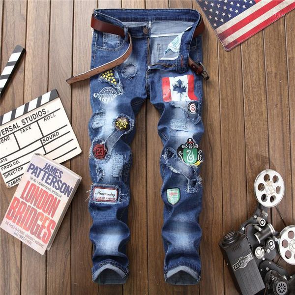 

2c new men's jeans european and american slim straight tube elastic stick badge hole fashion foreign trade men's pants 1806#1, Blue