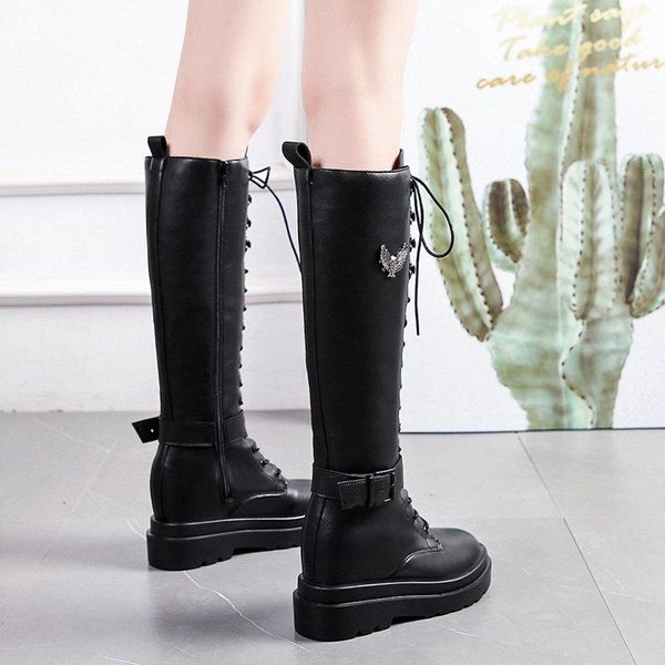 

dropshipping women's black zipper winter punk style platform long boots pu leather knee high boots height increasing shoes