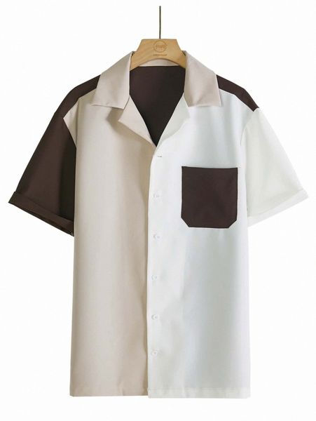 

men contrast panel pocket front shirt f9mm#, White;black