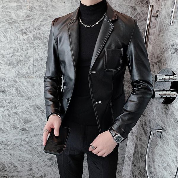 

male streetwear vintage suit coat outerwear men casual slim fit leather suit blazers jacket, Black