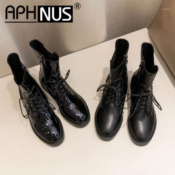 

aphnus womens boots motorcycle short ankle booties flats lace up woman 2020 shoes for women new boot1, Black