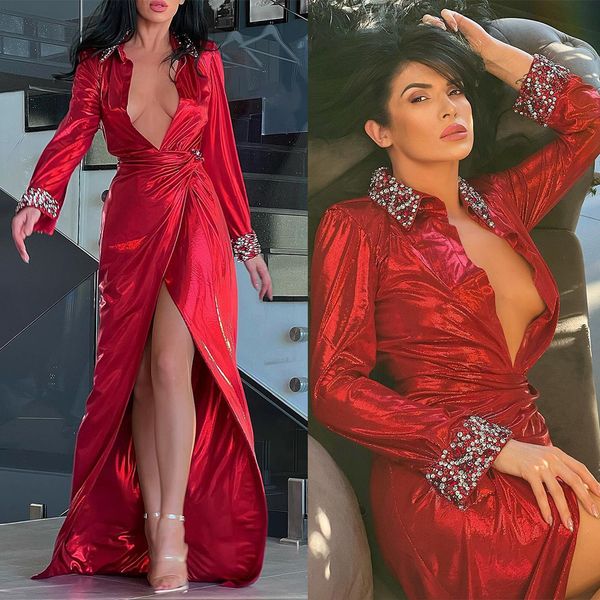 Арабский красный сатин Silk Prom Press Sexy Deep V-шеи шарики с длинным рукавом Русалка Вечерние платья для вечерних платьев
