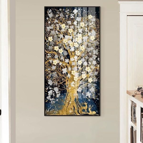 

abstract golden tree flowres canvas painting flowing big paint deer painting for living room nordic wall art decor tableaux 3-991