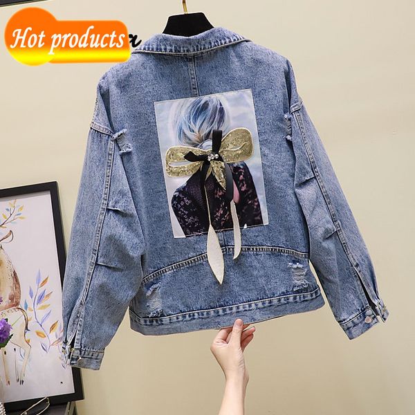 

women embroidered flowers denim turn-down collar woman's jacket loose casual torn jean women's coat holes outwear lcig, Black;brown