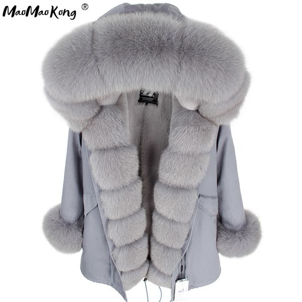 Maomaokong Mulheres Mulheres Cinza Natural Real Fox Jaqueta Com Capuz Espessura Moda Quente Casaco de Pele Real Parkas Long Waterproof 201124