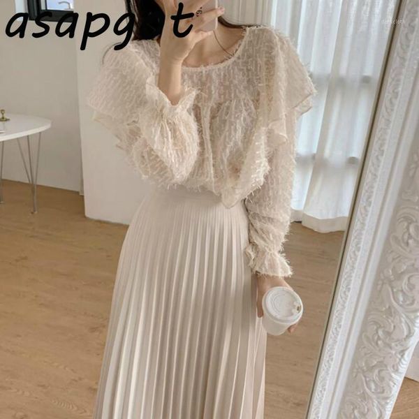 

french chic spring o neck long sleeve tassel pullovers shirts women loose slim ruffles chiffon womens and blouses1, White