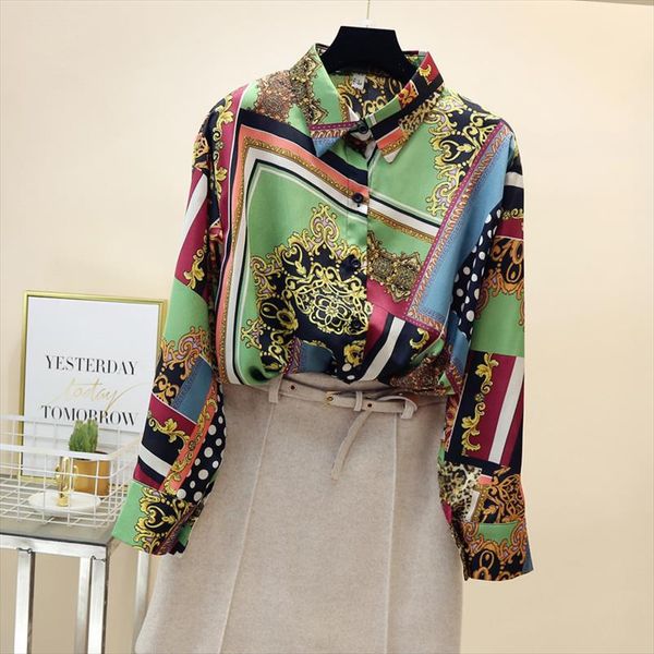 

spring autumn womens long sleeved shirt retro contrast color wave point leopard long sleeved shirt female wild gd433, White