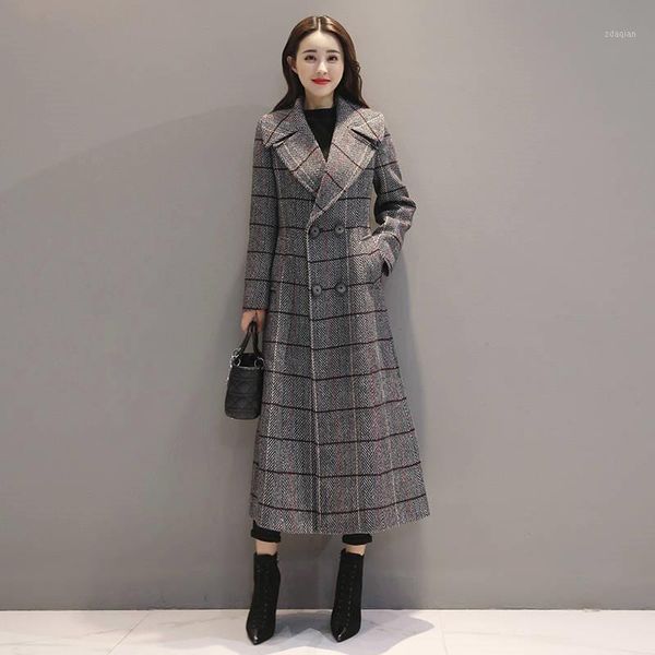 

thick woolen overcoat women's windbreaker clothes casaco feminino plaid large size long wind coat trench female woman coats1, Black