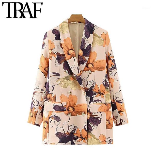 

traf women fashion double breasted floral print blazer coat vintage long sleeve pockets female outerwear chic 1, White;black