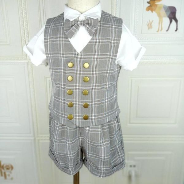 

toddler boys double breasted vest+playsuit shorts spring baby cotton plaid children kid suits 3pcs birthday party costume, White