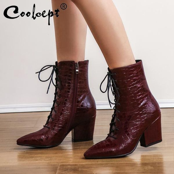 

coolcept new fashion patent leather thick heels shoes women ankle boots pointed toe zipper office ladies footwear size 34-43, Black