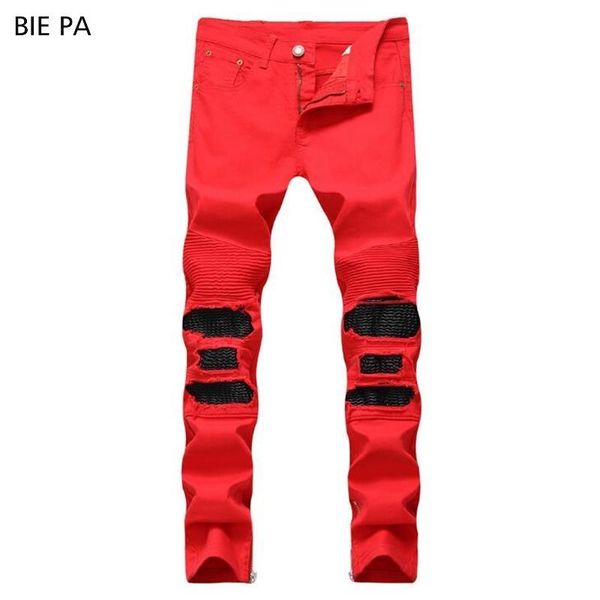 

new men jeans denim pants biker jeans ripped male casual black and red fashion men #6604, Blue