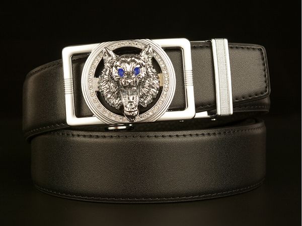

wolf head diamond automatic buckle men's belt first layer cowhide fashion business belt men's black casual belt, Black;brown