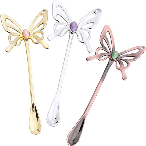

spoons 3pcs retro hollow butterfly design dessert coffee spoon inlay rhinestone gem stirring kitchen accessories