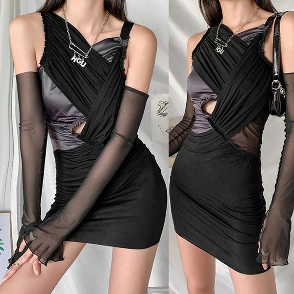 

women mesh long sleeve off shoulder bodycon mini dress v-neck hollow out gothic stacked patchwork party clubwear1, Black;gray