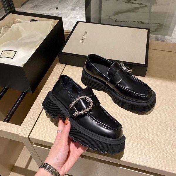 

designer womens lofers luxury black rhinestone buckle embellished leather square head flat heel with box size 35-40