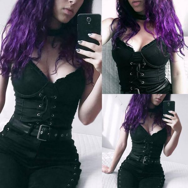 

2020 new black gothic for women summer crop gothic solid lace bandage cami suspend sleeveless short blouse, White