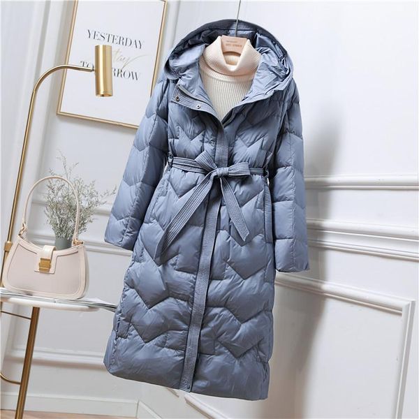 

jacket female long han edition cultivate morality show thin belted waist over-the-knee big yards white duck down jacket, Black