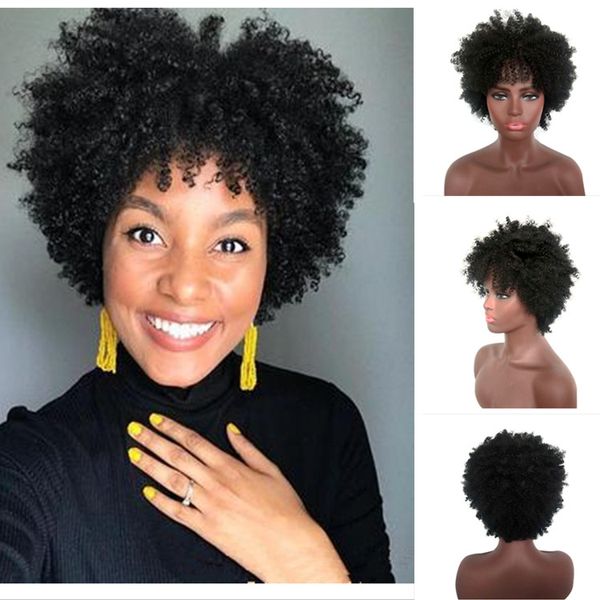 Kısa Afro Kinky Kıvırcık Siyah Sentetik Peruk Hightemperature Fiber Simülasyon İnsan Saç Peruk XP9530