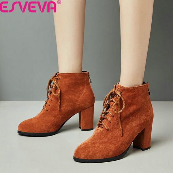 

boots esveva 2021 casual round toe lace up zipper women shoes flock elegant square high heel autumn winter ankle big size 34-43, Black