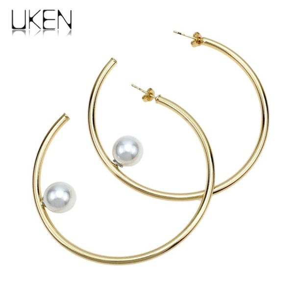 

uken simple punk gold color simulated pearls hoop earrings for women statement metal earrings jewelry brincos, Golden;silver