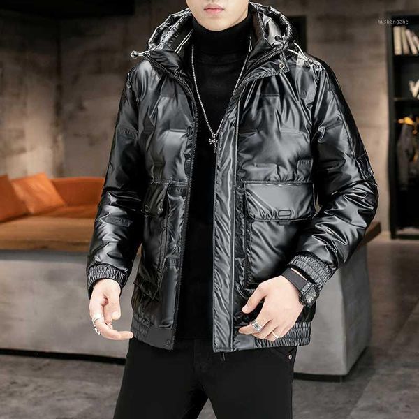 

men clothing hip hop mens winter coats thick glossy white duck down warm parka men fashion mens hooded outerwear1, Black