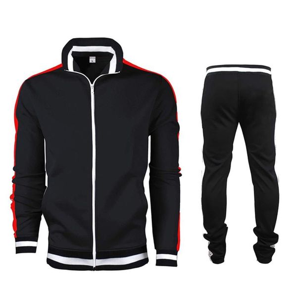 

men patchwork color tracksuit long sleeve stand collar zipper coat drawstring trousers pockets pants autumn 2pcs set -3xl, Gray