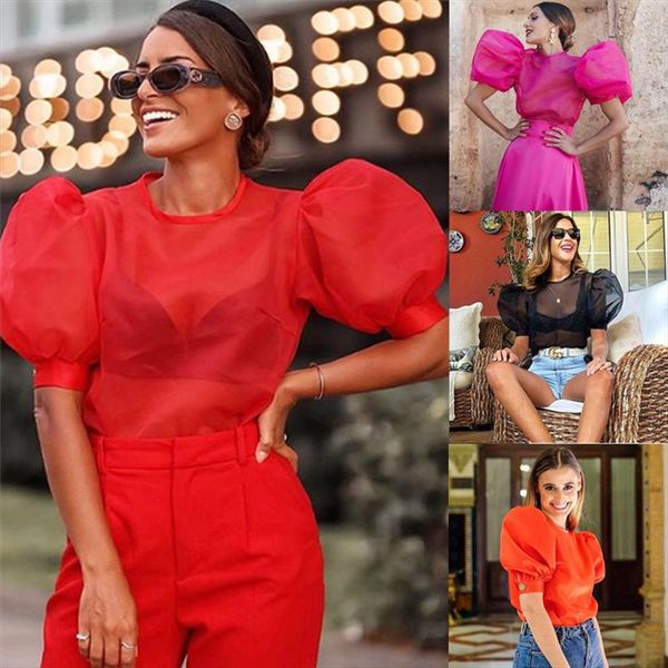 

fashion women o neck short puff sleeve see through shirt blouses crop 2020 new ol ladies slim fit shirt blouse, White