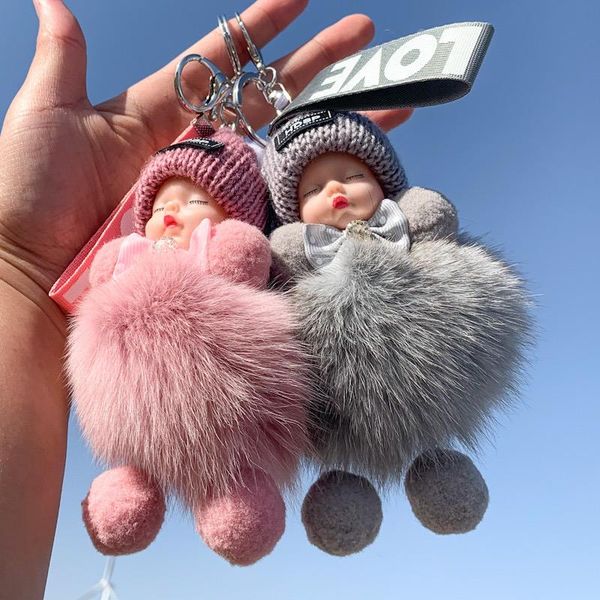 

keychains sleeping baby doll keychain true fur ball fluffy key chain women car ring female bag jewelry pendant gifts, Silver