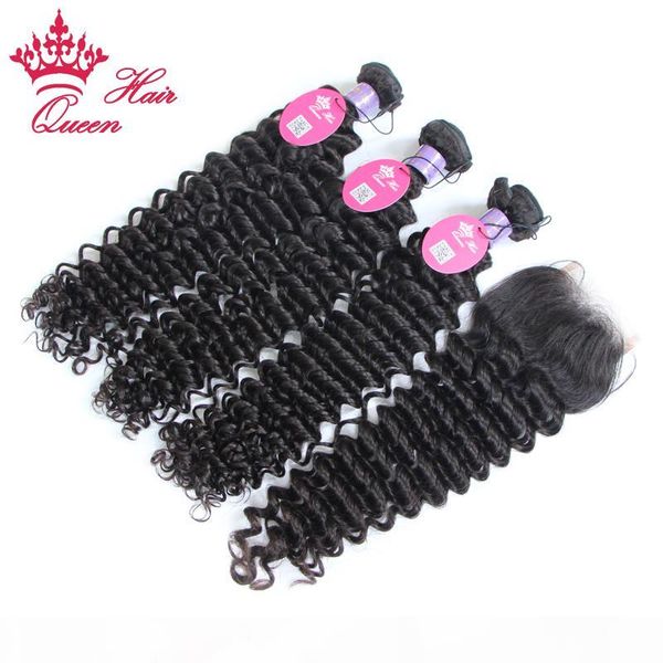 

queen hair malaysian virgin human hair weft tangle deep wave 4pcs lot, 3pcs hair bundle + 1pc lace closure, dhl ing, Black