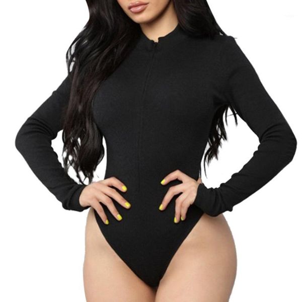 

women jumpsuits fashion women solid long sleeve zipper jumpsuit casual o- neck adjustable bodysuit1, Black;white