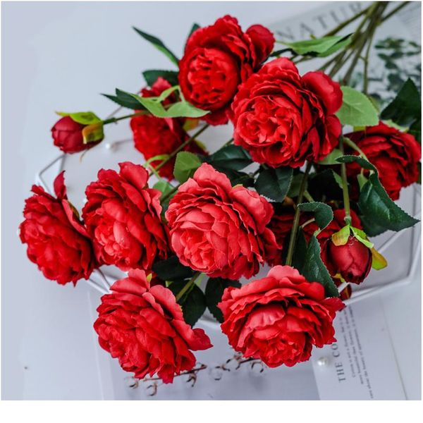 

3 heads 1pc peony artificial flower fake flowers bouquet branch pink white for home decor house wedding decoration indoo jllypr