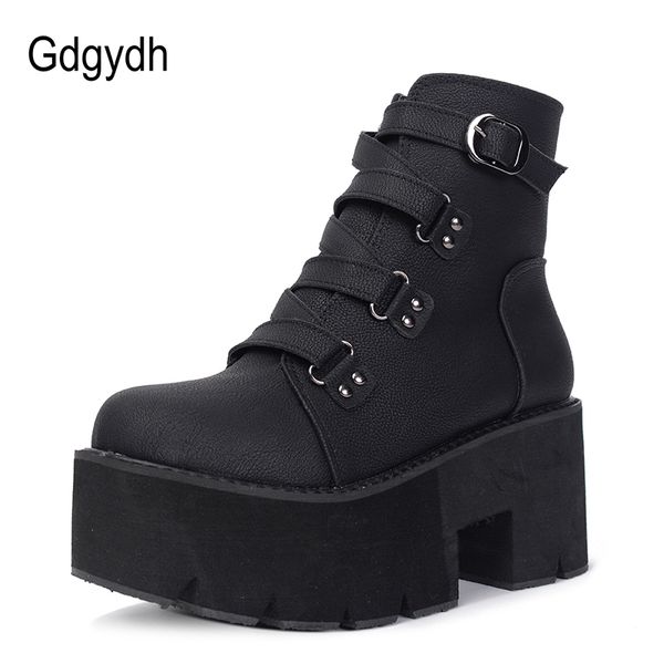 Heißer Verkauf Gdgydh Frühling Herbst Stiefeletten Frauen Plattform Stiefel Gummi Sohle Schnalle Schwarz Leder PU High Heels Schuhe Frau Komfortable