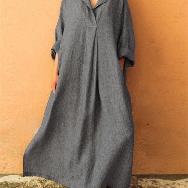 5xl donne allentate abiti di grandi dimensioni collo a scialle manica lunga camicia di base solido abito autunno femminile maxi abiti eleganti T200319