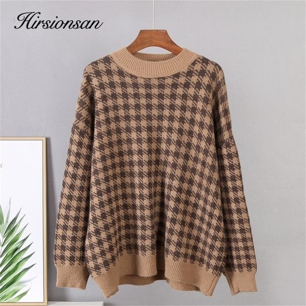 

hirsionsan khaki houndstooth cashmere sweater women loose casual knitted pullovers autumn soft knitwear female retro jumper 201221, White;black