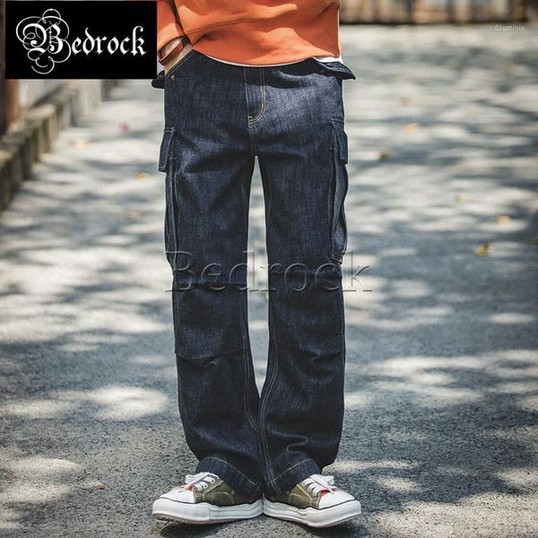 

retro loose big pocket jeans mid-waist drawstring drawstring feet washed denim trousers men1, Blue