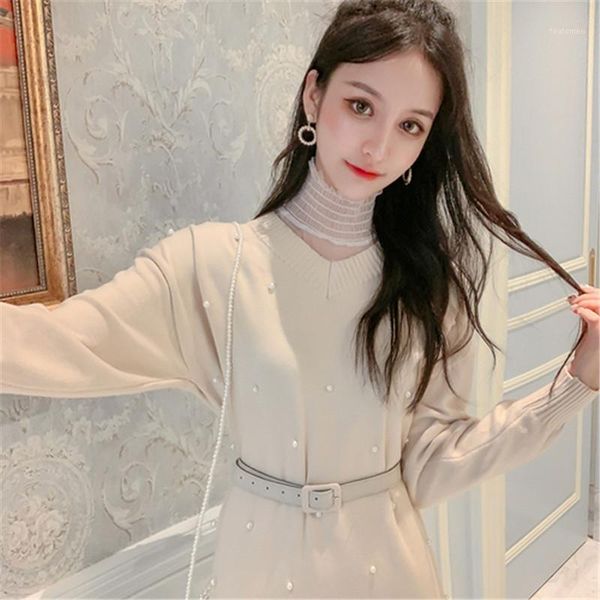 

women pearl sweater + lace dress sweet suit long sleeve nail bead belted female winter 2 pcs set casual knit dress1, White