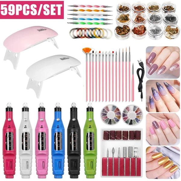 

nail set uv led lamp 5w 45s/60s dryer with 52/59pcs nail gel polish kit manicure tools set electric drill tools
