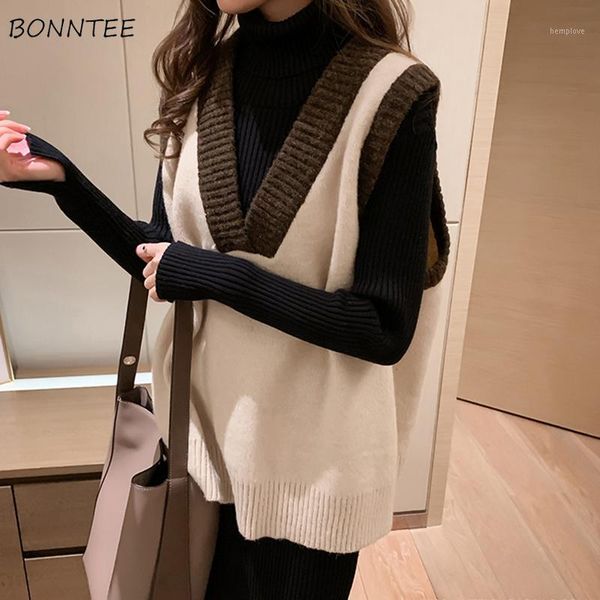 

vests women patchwork korean style knitted all-match students retro pullover leisure womens sweater vest large size1, Black;white