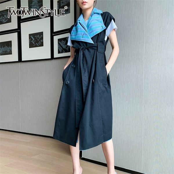 

twotwinstyle patchwork plaid hit color coat for women lapel sleeveless high waist lace up bowknot midi coats female summer 201031, Tan;black