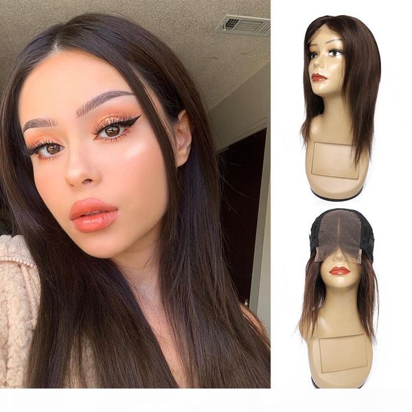 

kisshair dark brown 4x4 lace closure wig middle part straight brazilian human hair front lace wig, Black;brown