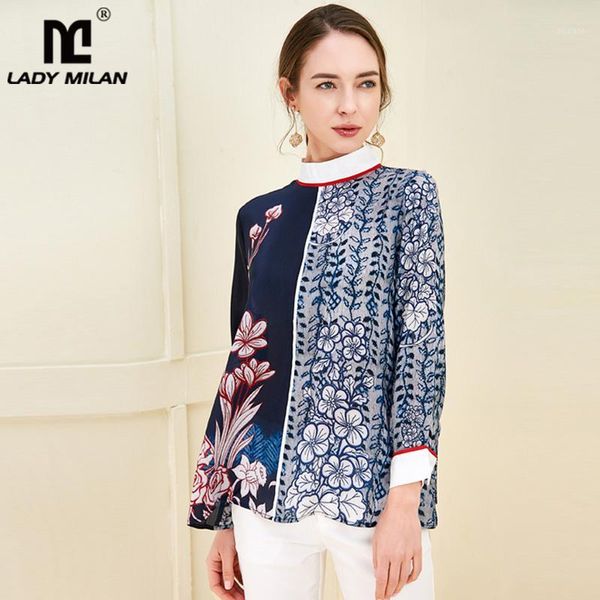 

100% pure silk women's runway shirts o neck long sleeves floral printed fashion pullover casual blouse shirt 1, White