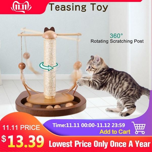 

cat toys 360Â° rotating rod with feather teasing toy multifunctional durable wooden balls scratching sisal post kitten table