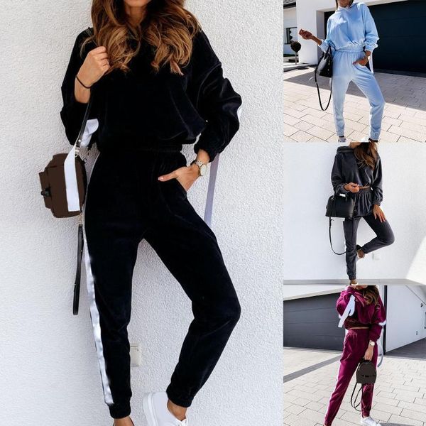

womens tracksuit autumn 2pcs sweatshirt long sleeve velvet hoodie crop pants sports tracksuit outfit set, Gray